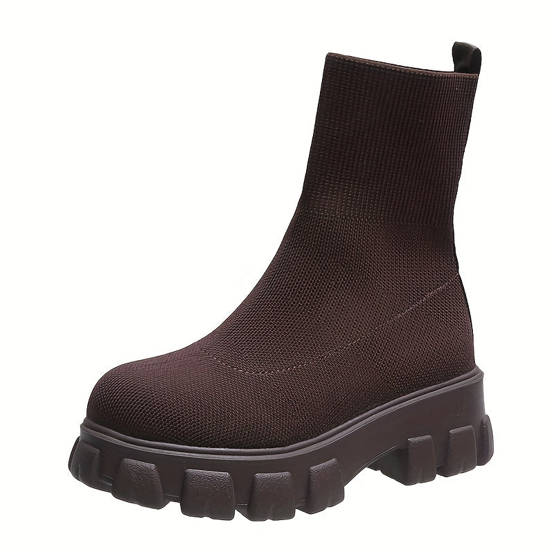 Womens Trendy Thick-soled Sock Boots - Ultra-Comfortable Knitted Design with Warm Round Toe - Seasonal Must-Have