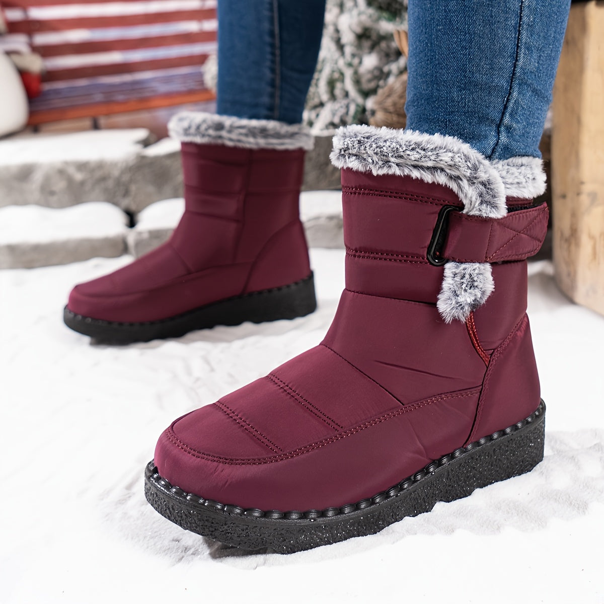 Velvettouch, Women's Winter Anti-Slip Snow Boots with Faux Fur Lining and Adjustable Straps - Casual Mid-Heel Fabric Ankle Booties