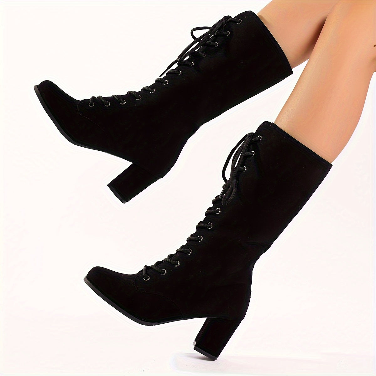 Women's Solid Color Trendy Boots, Lace Up Casual Chunky Heel Knight Boots, Versatile Round Tor Slim Boots