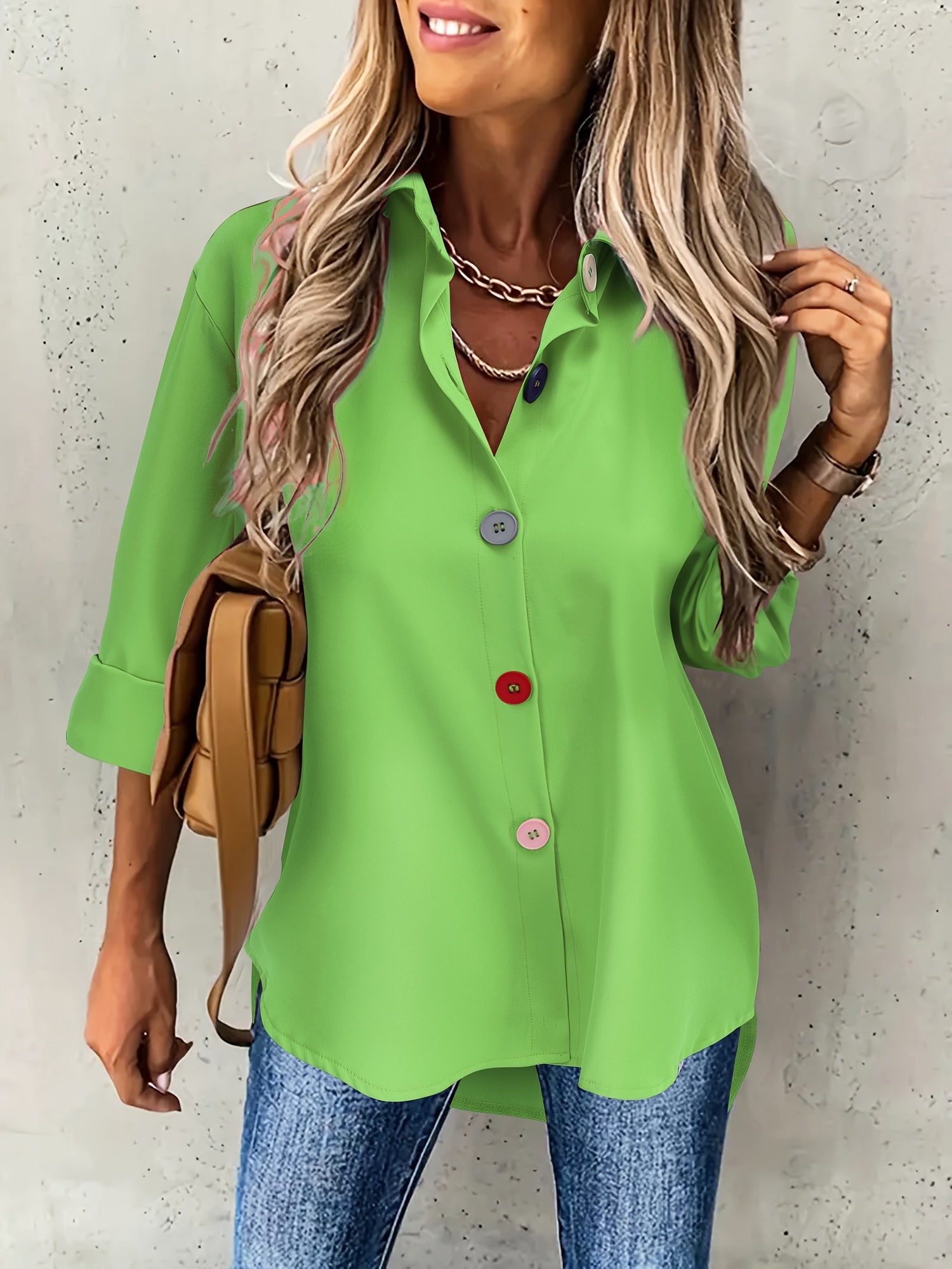 Colorful Button Front Simple Shirt, Versatile Long Sleeve Shirt For Spring & Fall, Women's Clothing