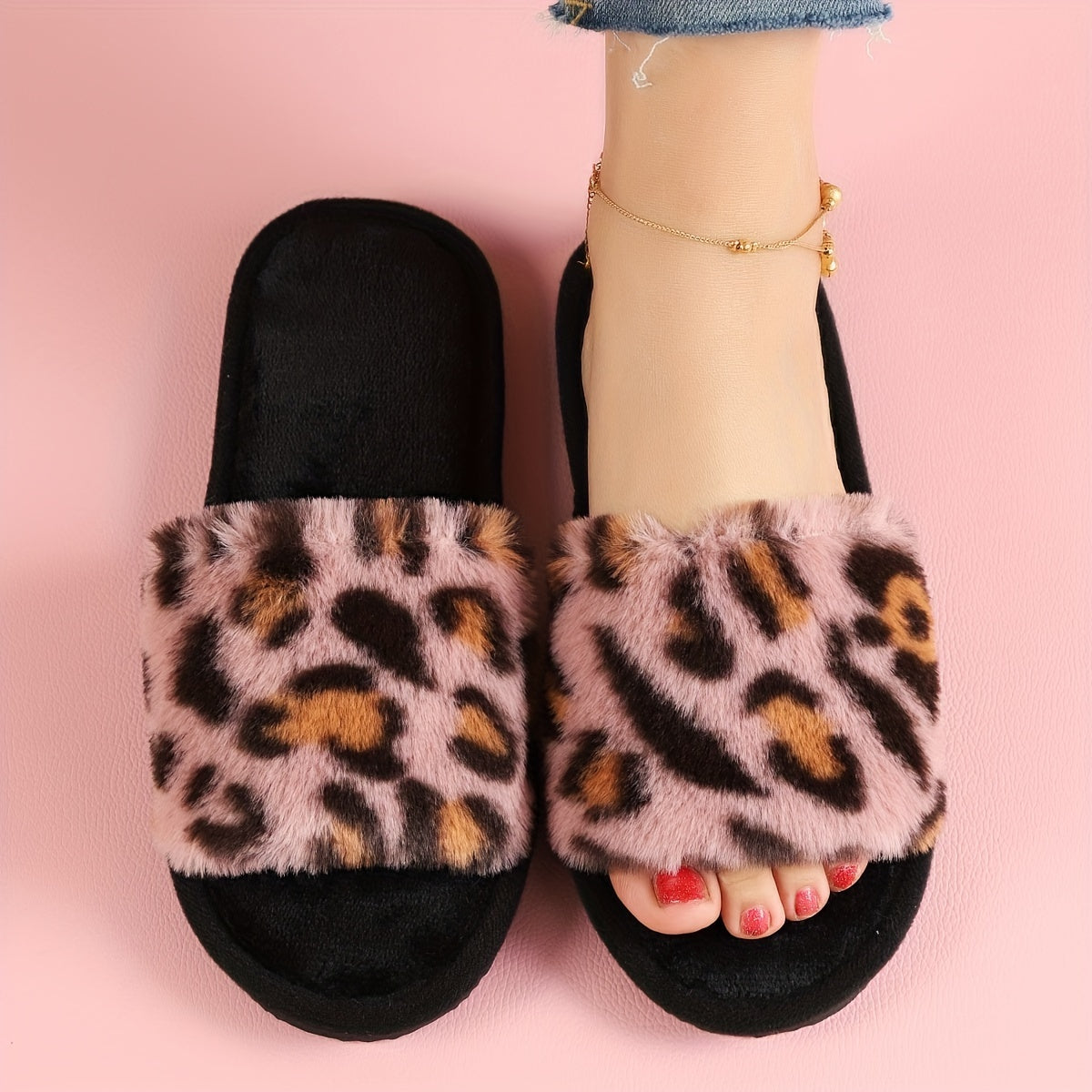 Leopard Print Plush Slippers For Women, Cozy & Warm Open Toe Soft Sole Shoes, Comfy Indoor Floor Fuzzy Slippers