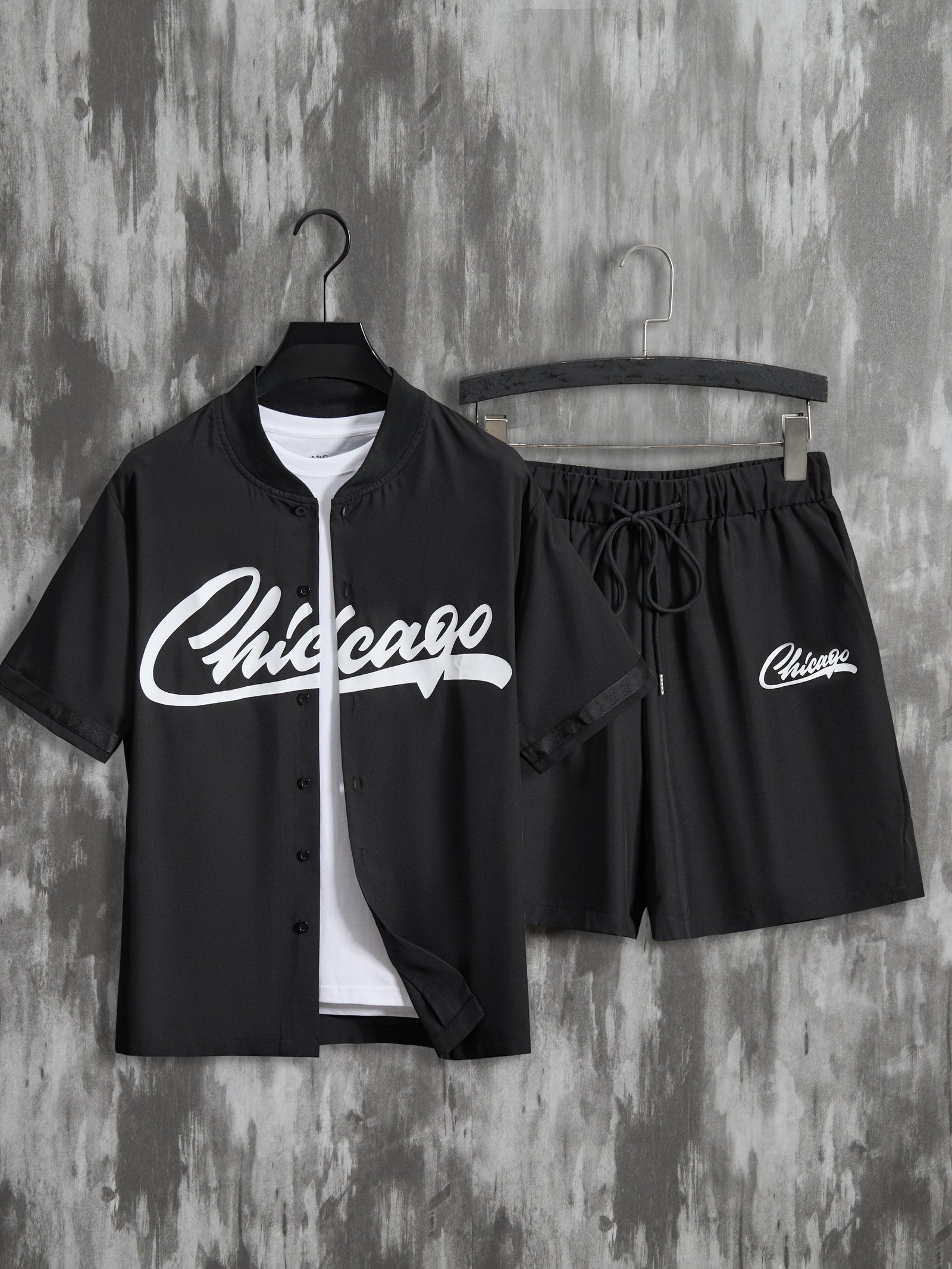 2Pcs Letter Print Outfits for Men, Casual Baseball Jersey Shirt & Drawstring Shorts Set for Summer