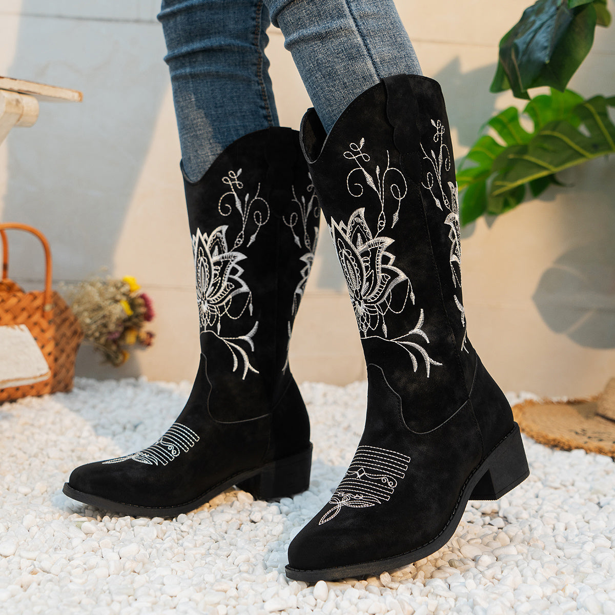 Women's Embroidered Western Mid-Calf Boots - Comfy Low Block Heel, Square Toe, Easy Slip-On Casual Cowboy Boots