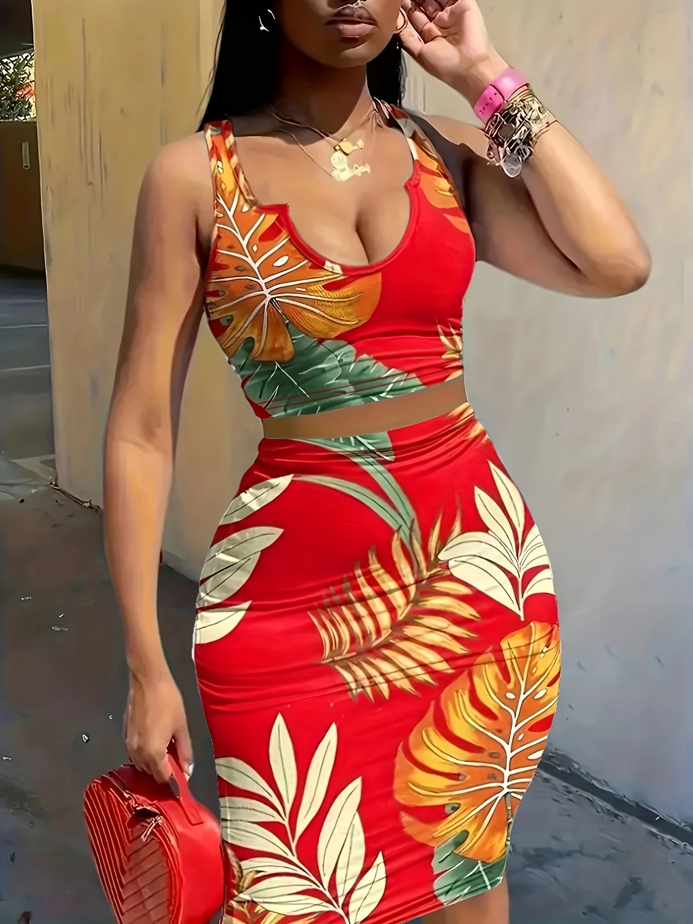 Tropical Print Vacation Two-piece Set, Sleeveless Tank Top & Bag Hip Midi Skirts Outfits, Women's Clothing