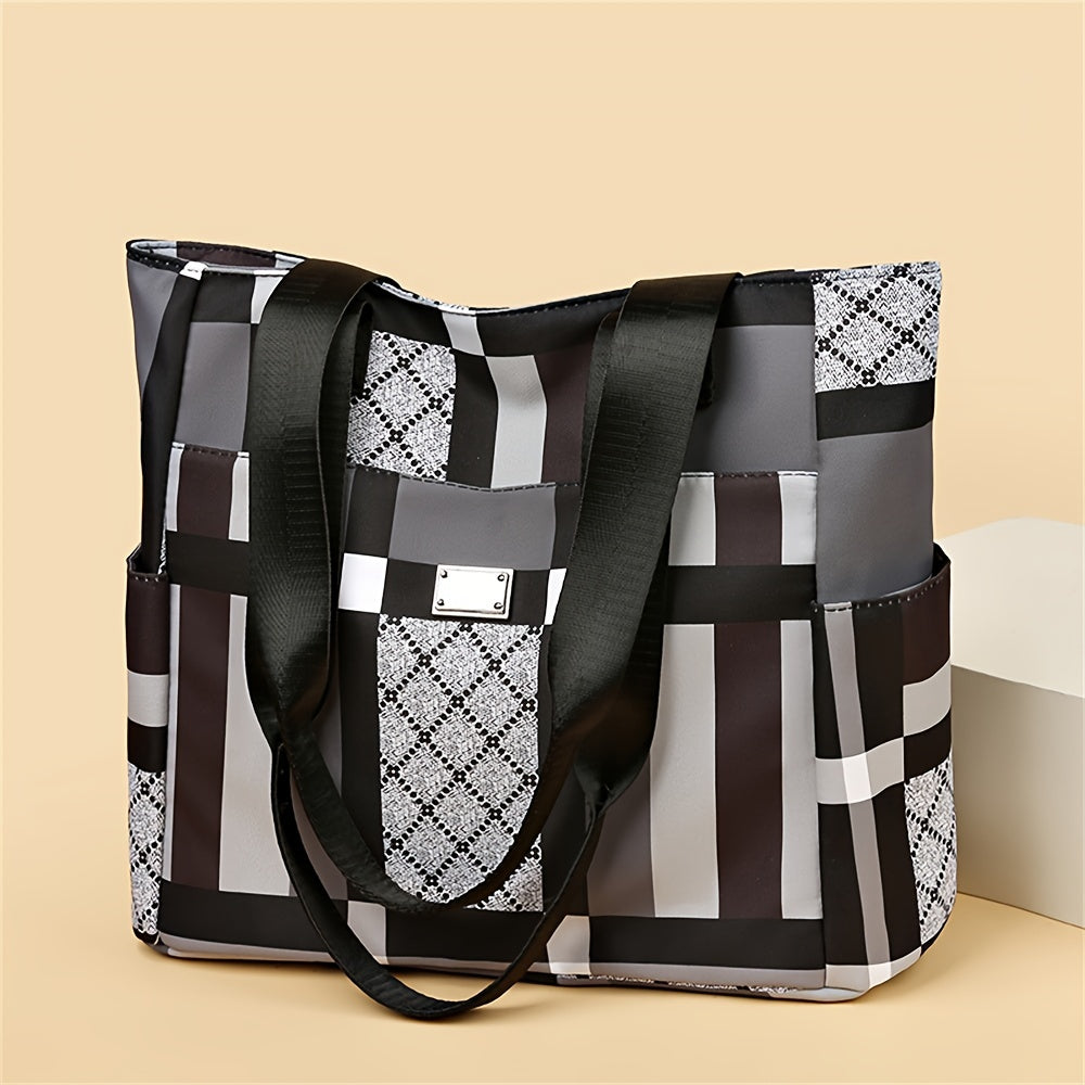 Large Capacity Geometric Tote Bag, Lightweight Casual Shoulder Bag For Daily Use