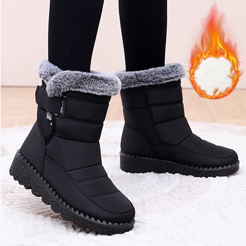 Mid-Calf Women's Winter Boots - Waterproof, Insulated, Faux Fur Lined, Anti-Slip, Comfortable, Warm, Closed-Toe, Magic Tape Closure, Black