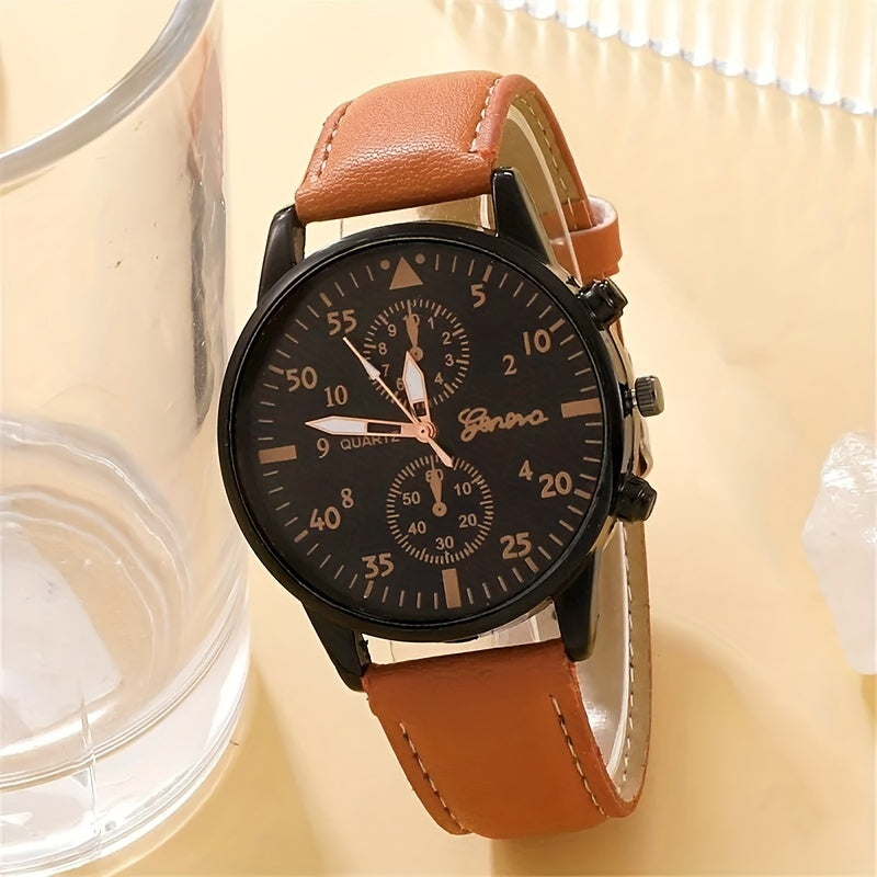 4pcs/set, Fashion Men's Casual Brown Quartz Watch & 3pcs Bracelets, Ideal choice for Gifts