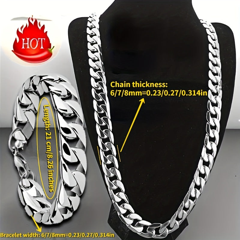 2pcs Necklace & Bracelet Set for Men and Women, Y2K Stainless Steel Cuban Chain, Hip-Hop Punk Rock Style for Couples