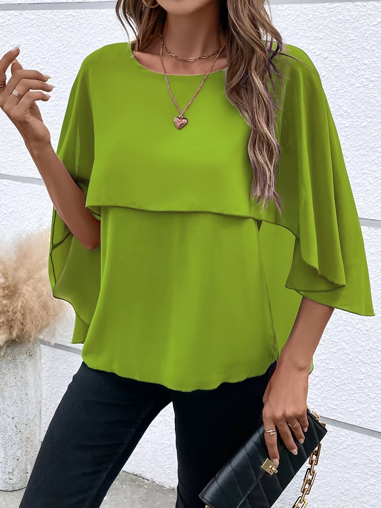 Solid Layered Cloak Sleeve Blouse, Versatile Crew Neck Blouse For Spring & Fall, Women's Clothing