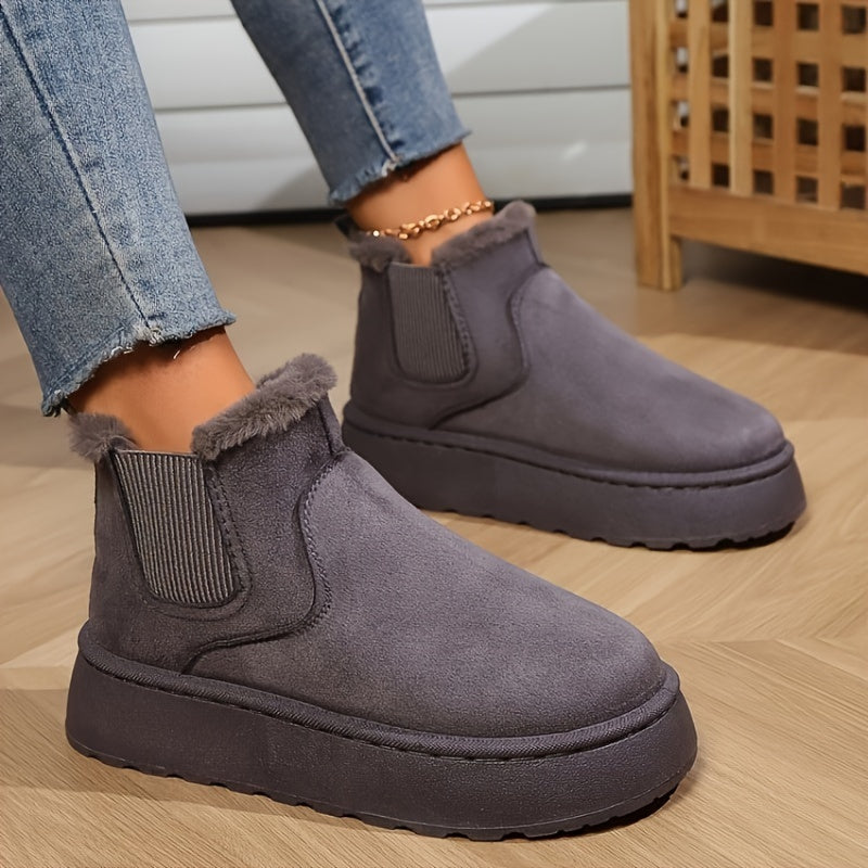 Stylish Women's Plush Lined Ankle Boots - Comfortable Slip-On Platform Boots for Fall & Winter Outings - Soft Insoles for Daily Wear