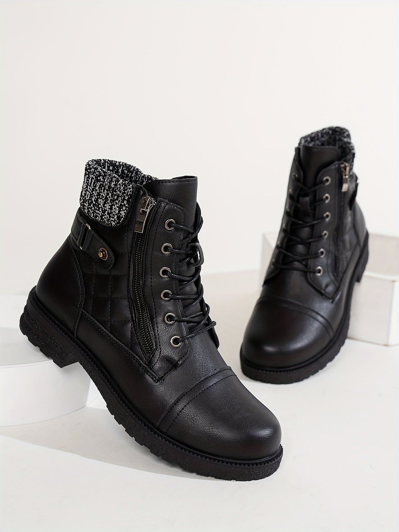 Women's Punk Style Ankle Boots - Mid-Heel, Almond Toe, Zip Closure, Solid Color, Durable, All-Season Wear.