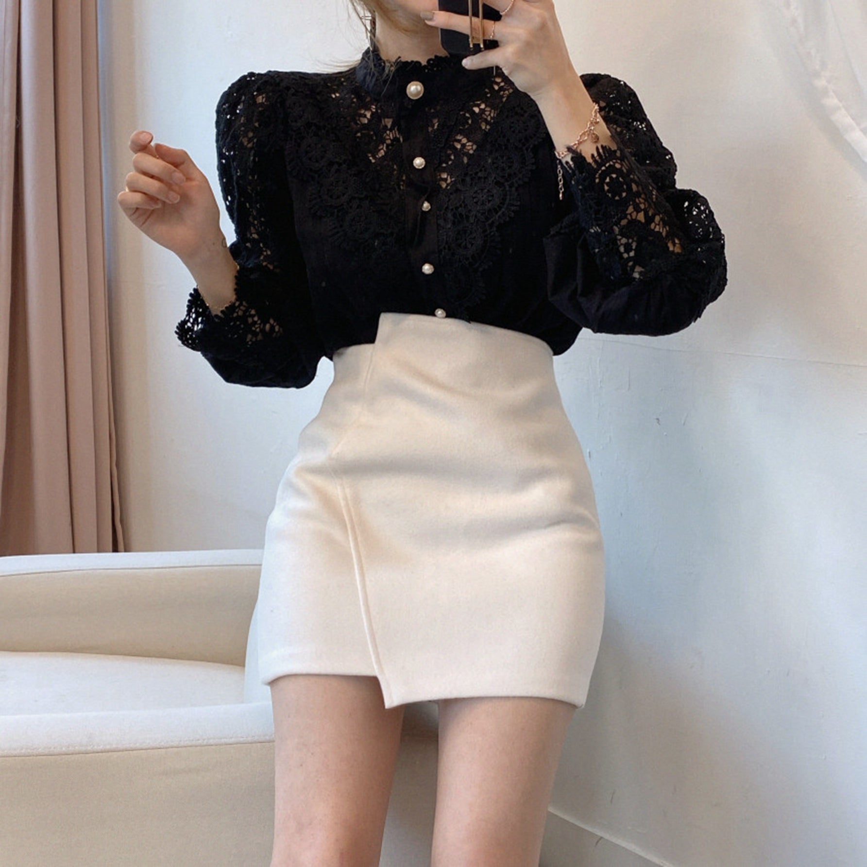 Women's Blouse Lace Puff Sleeve Lantern Sleeve Solid Pleated Women Blouse