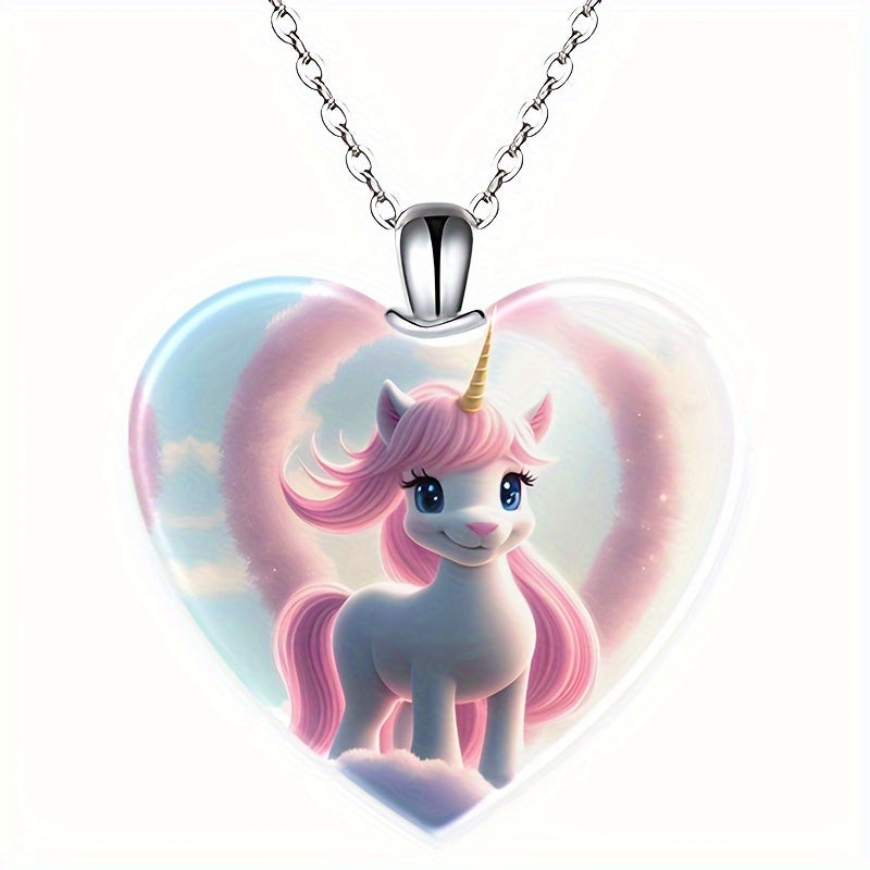 Exquisite Unicorn Heart-Shaped Crystal Pendant Necklace, Cute Animal Design Neck Jewelry For Women