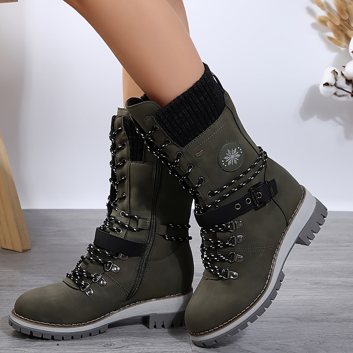 Stylish Knitted Mid-Calf Boots - Solid Color, Side Zipper, Buckle Belt, Non-Slip Sole, Perfect for Cold Weather & Casual Occasions