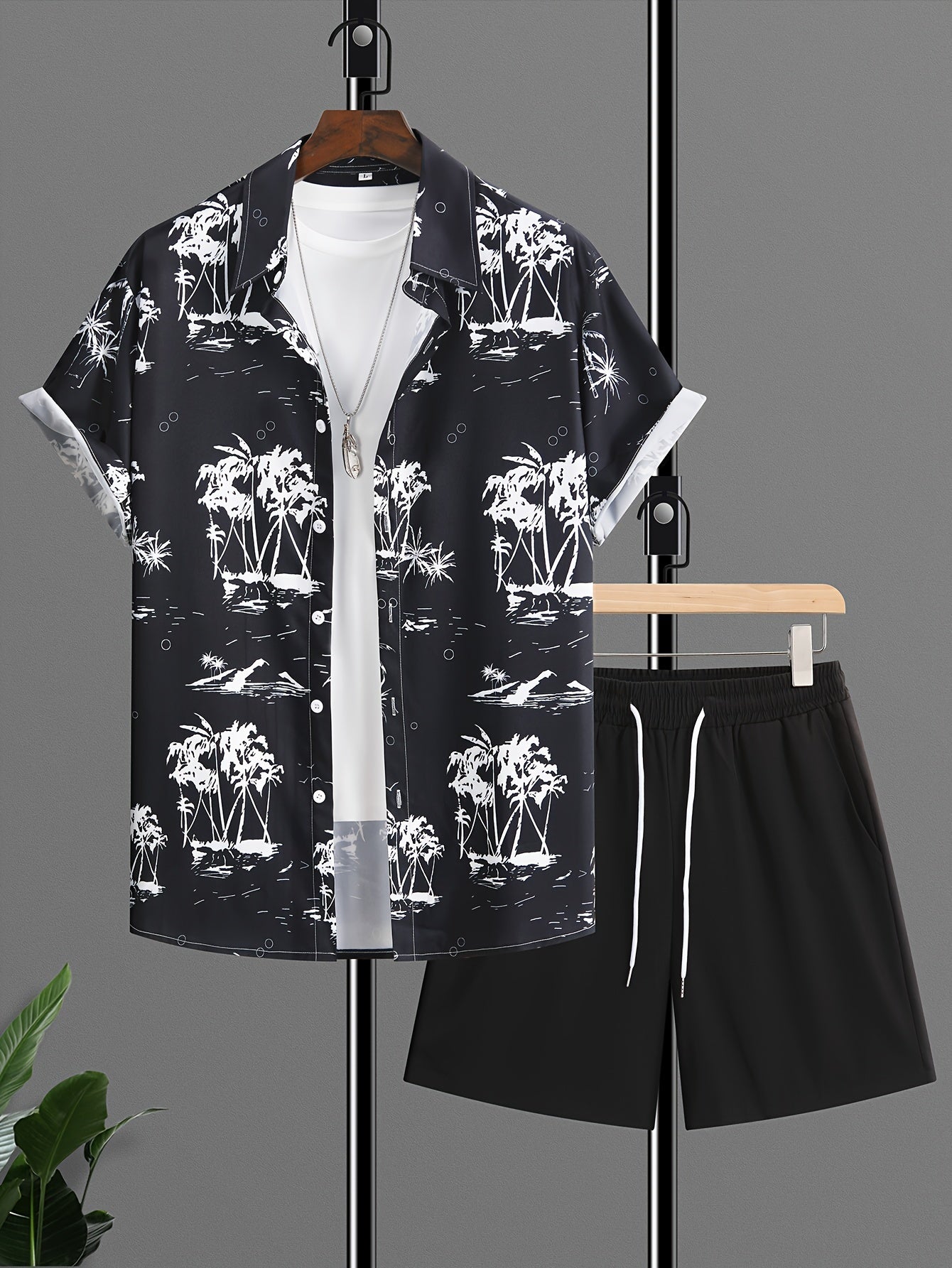 Coconut Trees, Men's 2pcs, Short Sleeve Graphic Print Button Up Shirt And Drawstring Shorts co ord set