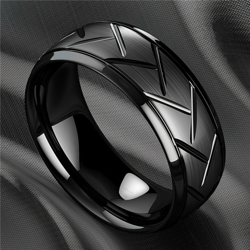 1pc 8MM Black Titanium Steel Ring - Luxury Men's Tire Groove Design, Fashion Jewelry, Ideal Lover's Gift