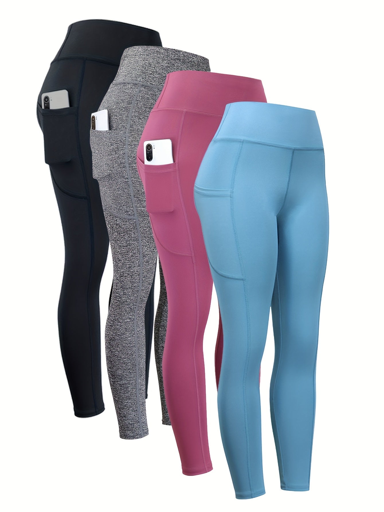 4pcs High Waist Yoga Leggings With Pocket For Women, Solid Color, Tight Fit, Women's Activewear