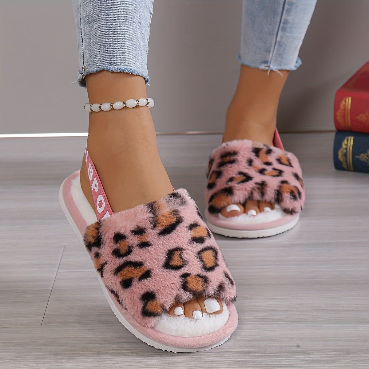 Leopard Print Fuzzy Flat Slippers, Open Toe Elastic Strap Slip On Shoes, Cozy & Warm Home Slipper Sandals