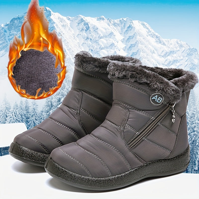 Women's Winter Snow Boots, Warm Ankle Booties, Waterproof Fabric With Side Zipper, Cozy Fur-Lined Insulated Footwear, Anti-Slip Sole