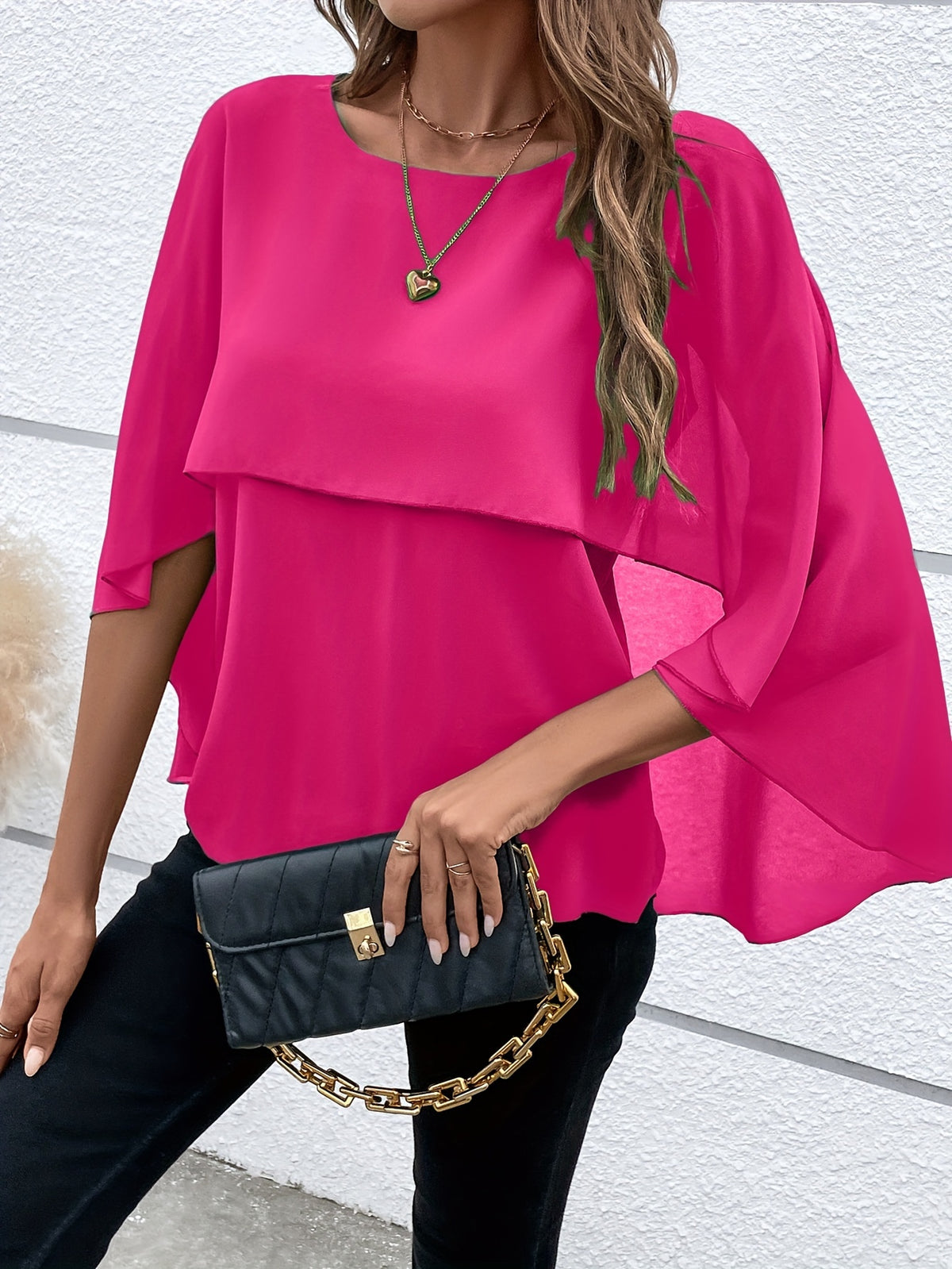 Solid Layered Cloak Sleeve Blouse, Versatile Crew Neck Blouse For Spring &amp; Fall, Women&#39;s Clothing