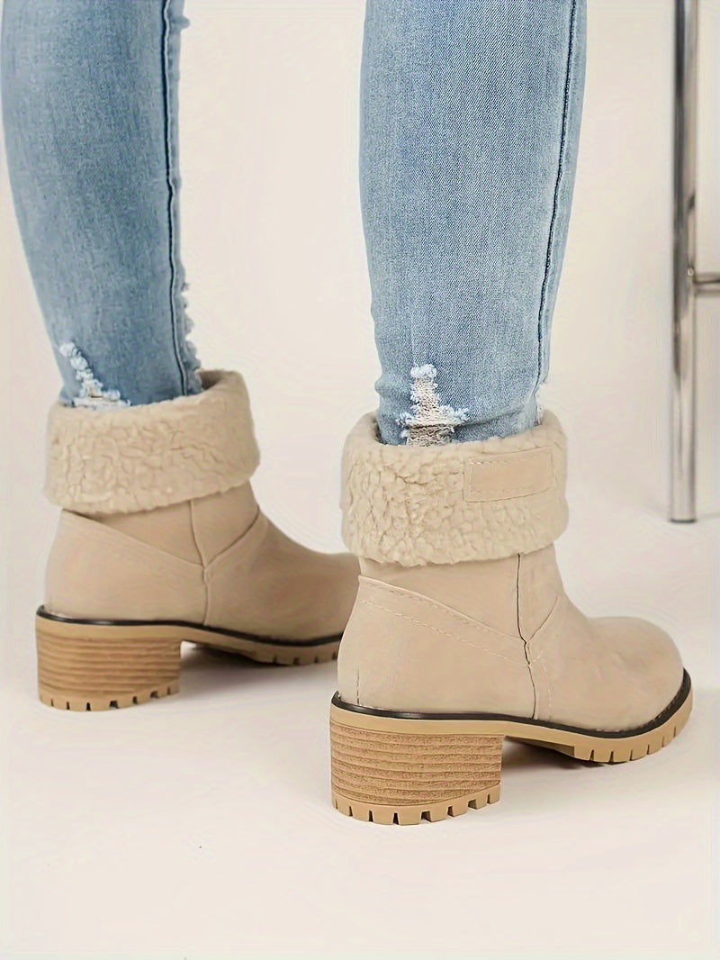 Women's Solid Color Chunky Heel Boots, Casual Slip On Plush Lined Boots, Comfortable Winter Ankle Boots