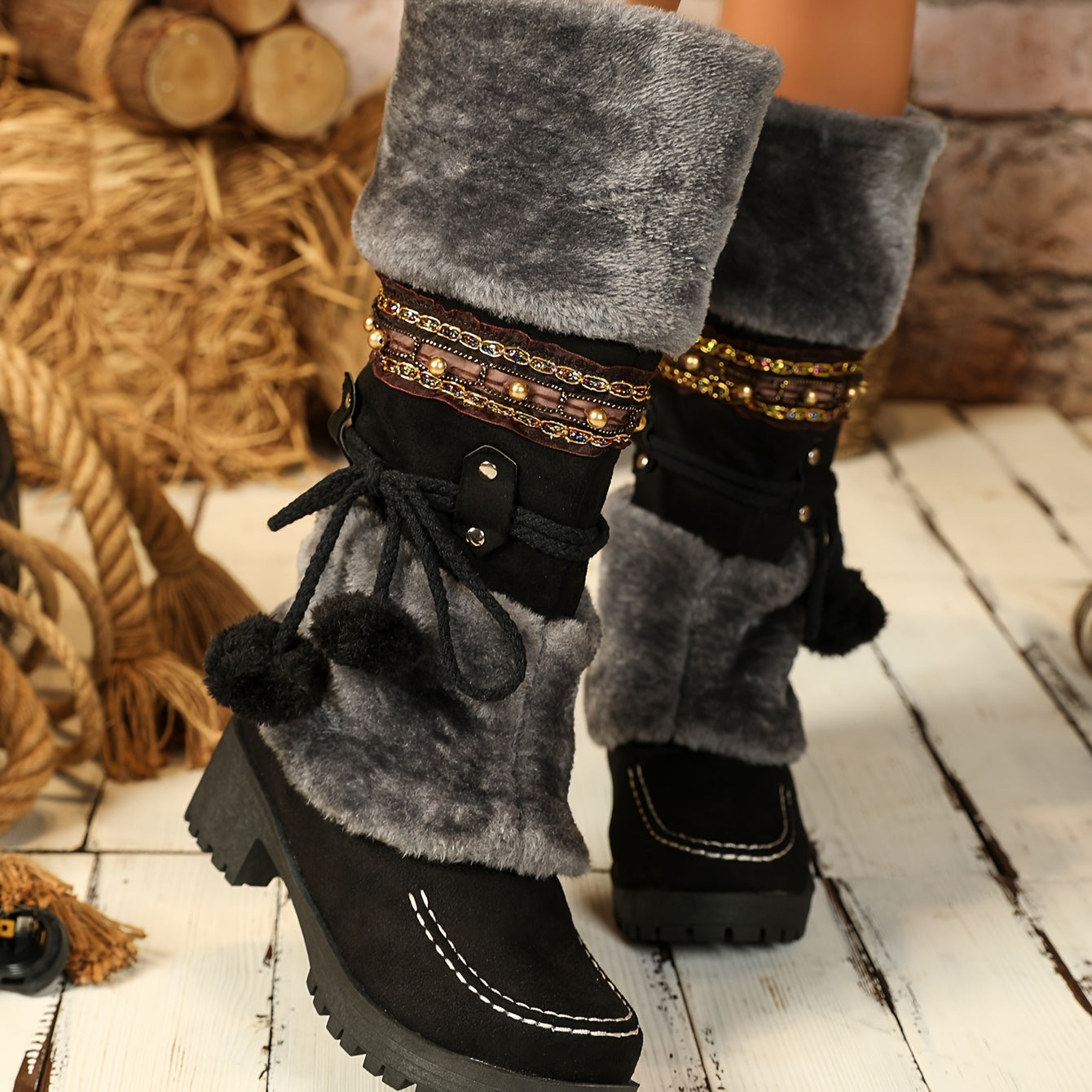 Women's Retro Winter Snow Boots - Fleece Lined, Chunky Heel, Insulated Mid-Calf for Warmth and Fashion