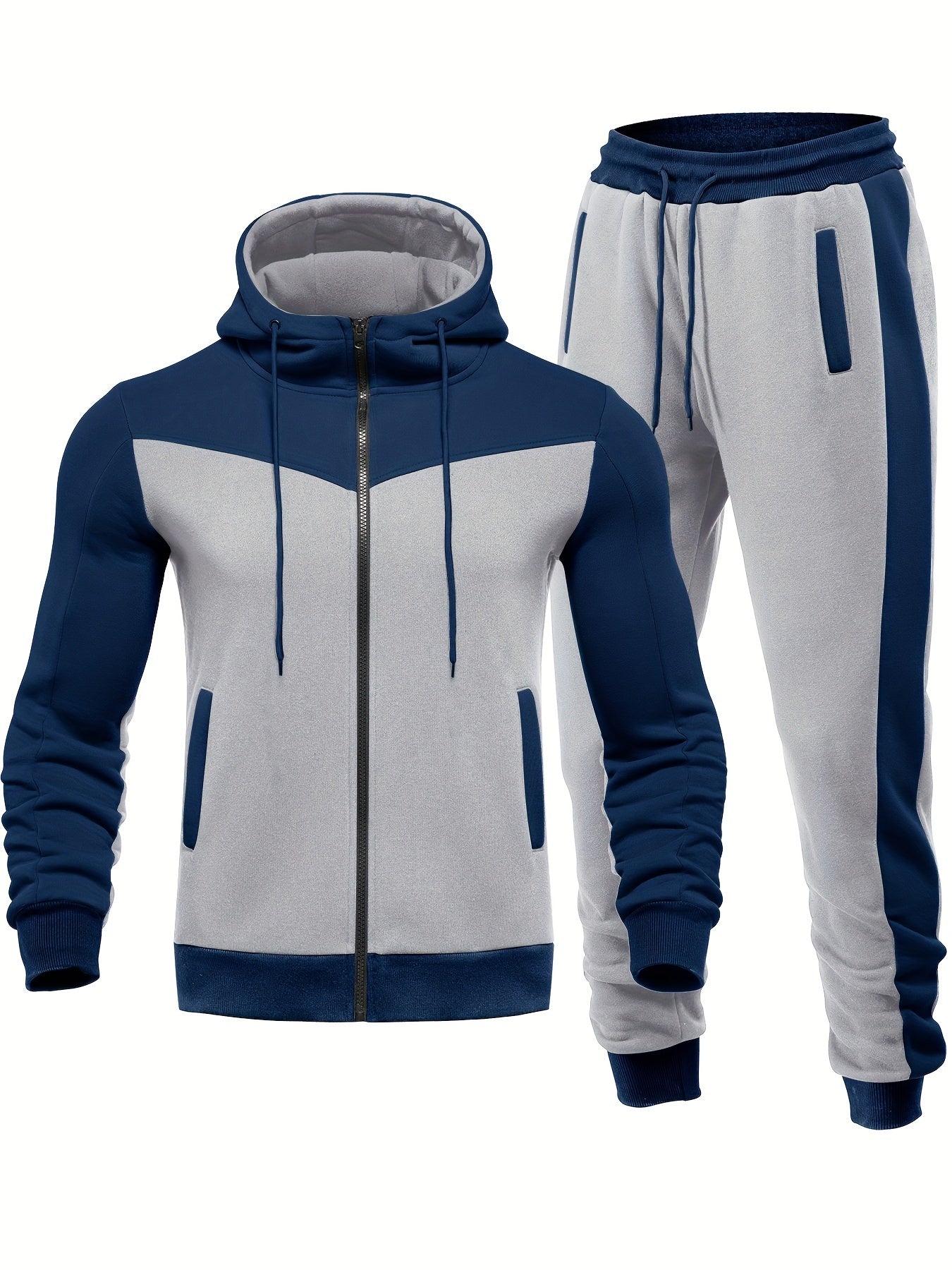 Mens Color Block 2 Piece Outfits, Hooded Zip Breathable Casual Jacket And Casual Drawstring Sweatpants Set For Spring Autumn, Men's Clothing