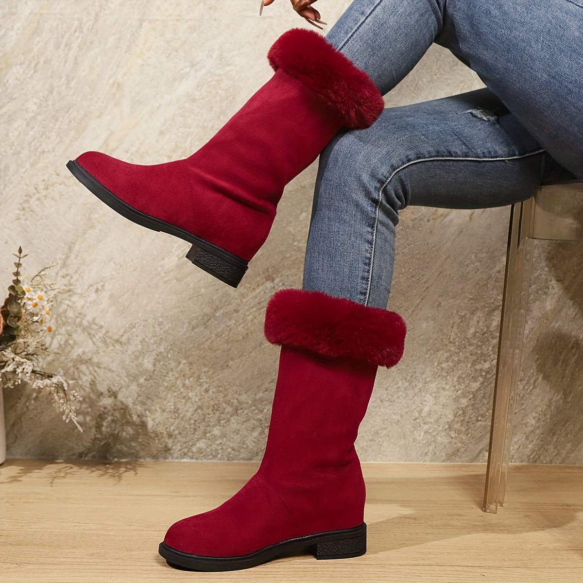 Women's Mid-Calf Winter Boots - Soft Plush Cuff, Slip-On, Plain Toe, Platform Heel, Fabric Upper, TPR Outsole, European Design