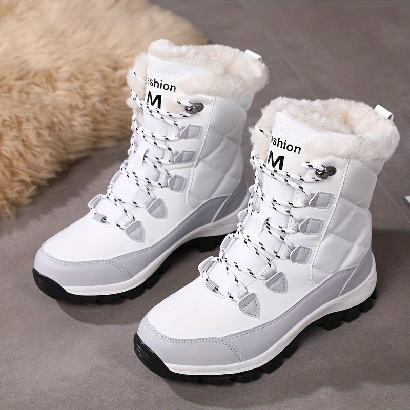 Non-slip Winter Snow Boots for Women, Mid Calf Lace Up Plush Inner Warm Fashion Boots for Outdoor Walking Trekking Hiking