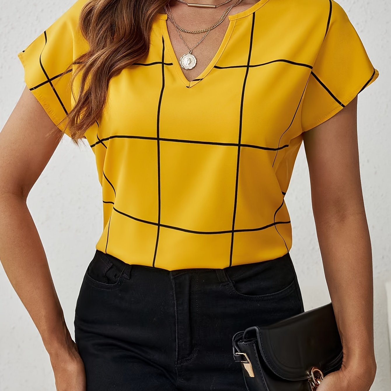 Plaid Print Notched Neck Blouse, Casual Short Sleeve Blouse For Spring & Summer, Women's Clothing