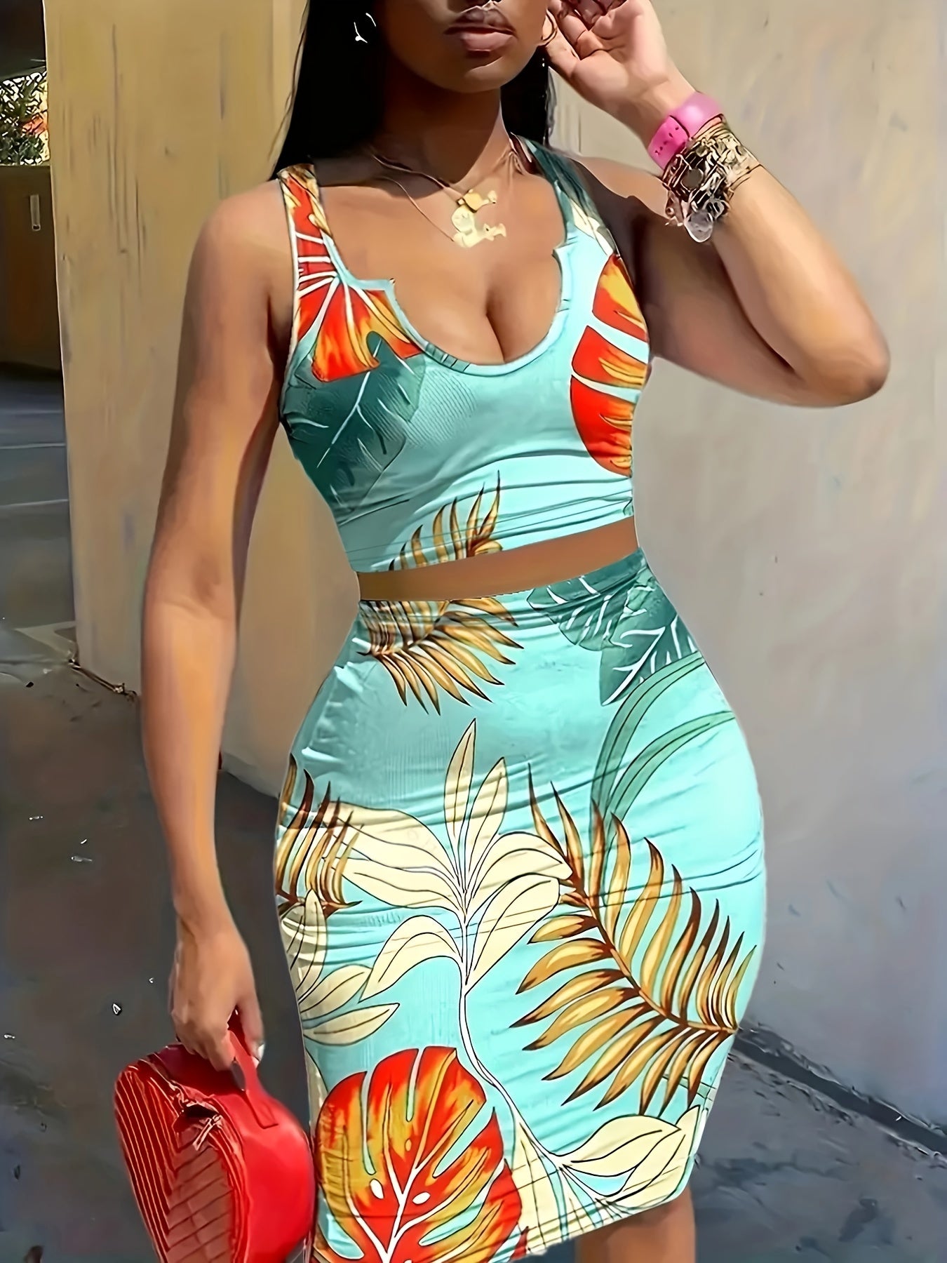 Tropical Print Vacation Two-piece Set, Sleeveless Tank Top & Bag Hip Midi Skirts Outfits, Women's Clothing