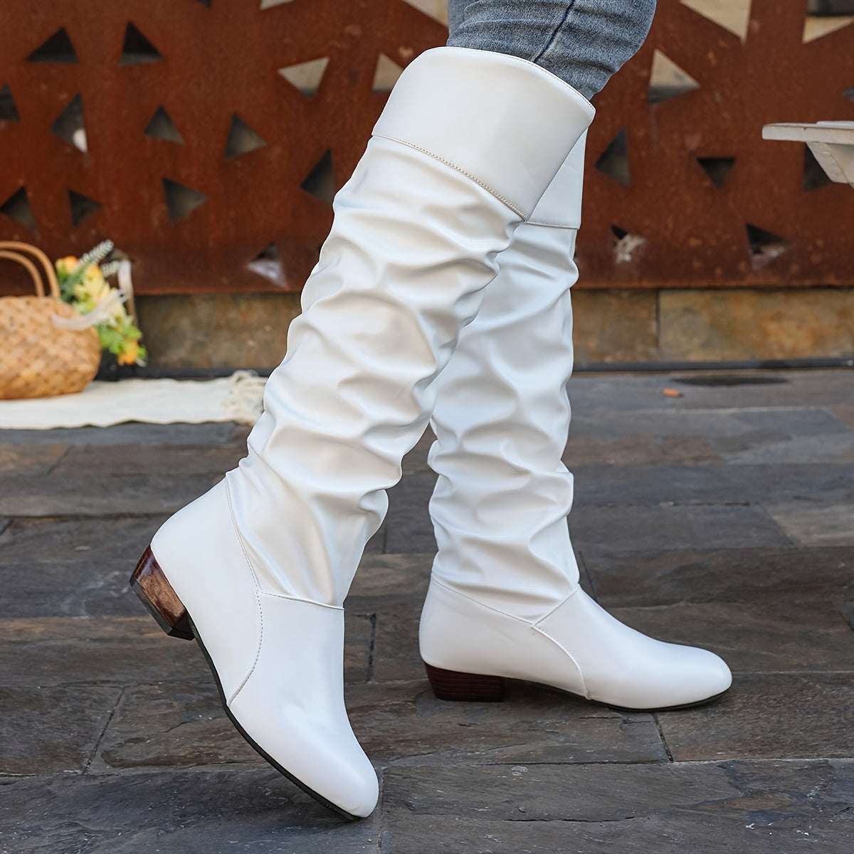 Stylish Women's Slouchy Boots - Pull-On, Chunky Heel, Round Toe, High Knee, Solid Color, Winter Boots - Comfortable, Trendy, and Warm