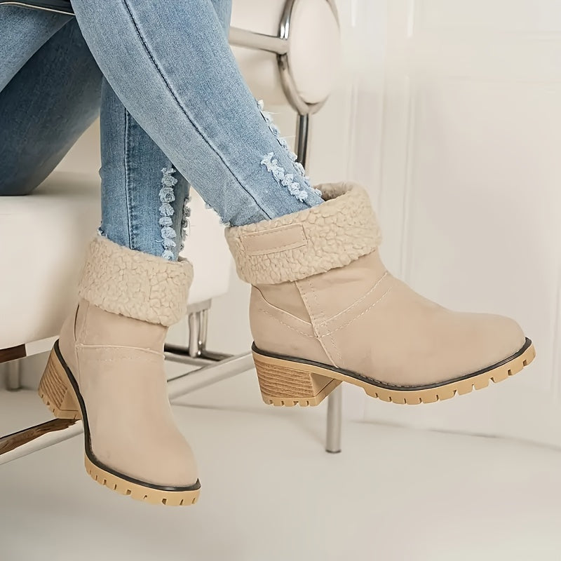 Women's Solid Color Chunky Heel Boots, Casual Slip On Plush Lined Boots, Comfortable Winter Ankle Boots