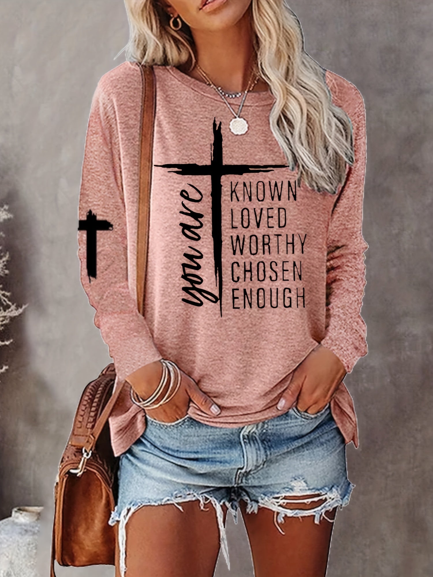 Cross & Letter Print T-shirt, Casual Crew Neck Long Sleeve T-shirt, Women's Clothing