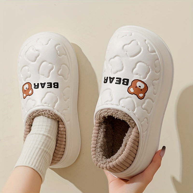 Winter Warm Fluffy Slippers for Women, Cartoon Bear Design, EVA Upper & Sole, Flannel Lining, Slip-on, Cozy Indoor/Outdoor Shoes, Hand Washable