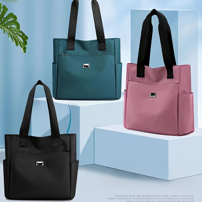 Waterproof Nylon Shoulder Bag, Fashion Solid Color Tote Bag, Casual Multi Pocket Handbag For Going Out