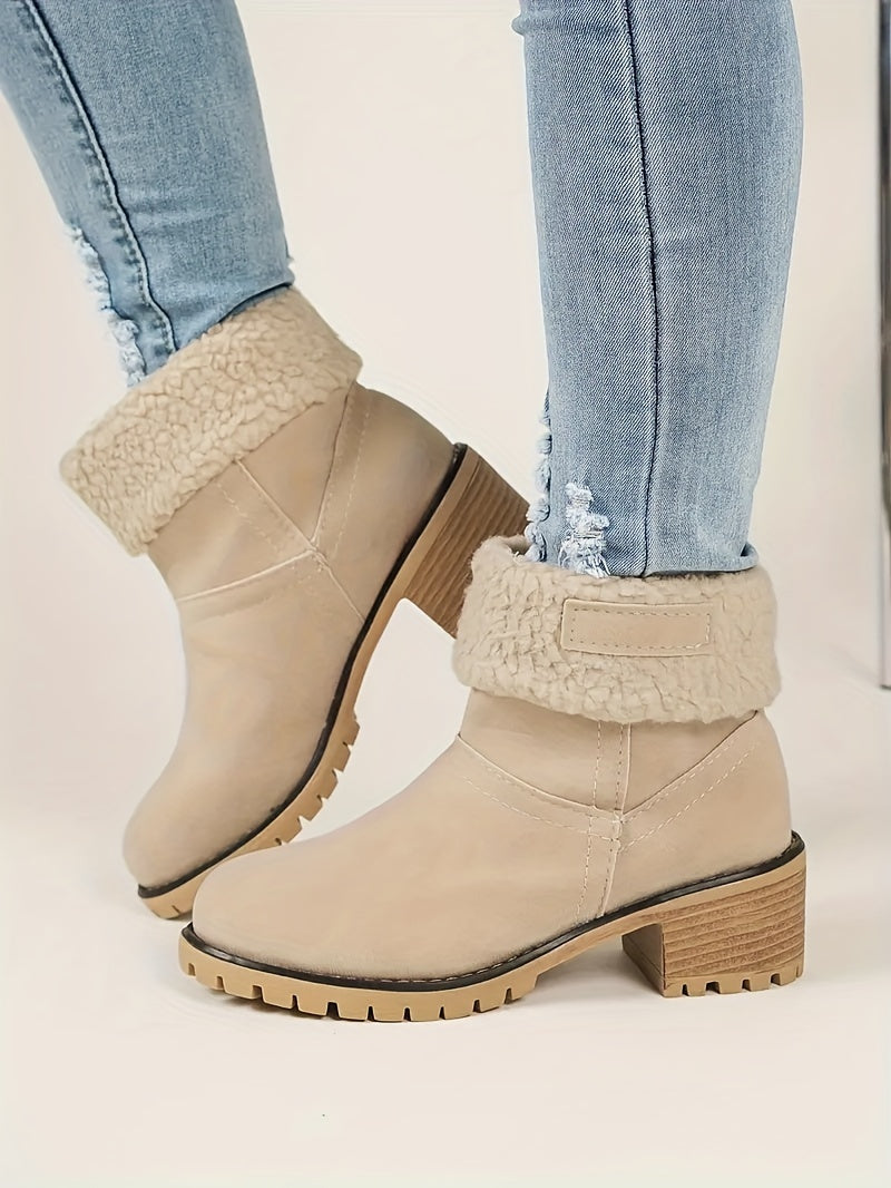 Women's Solid Color Chunky Heel Boots, Casual Slip On Plush Lined Boots, Comfortable Winter Ankle Boots