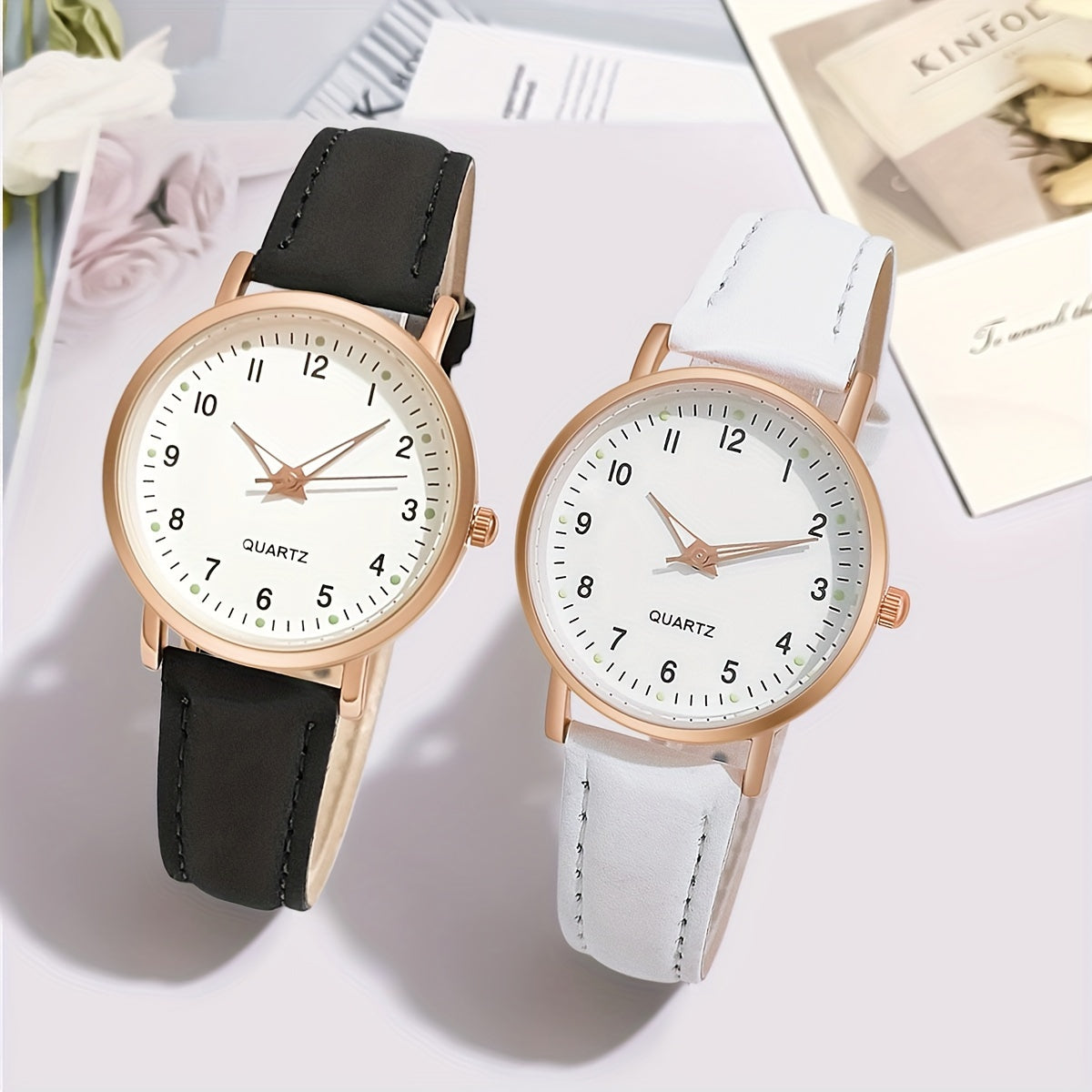 Cute Round Pointer Quartz Watch Luminous Analog Matte Color PU Wrist Watch For Women Daily Use