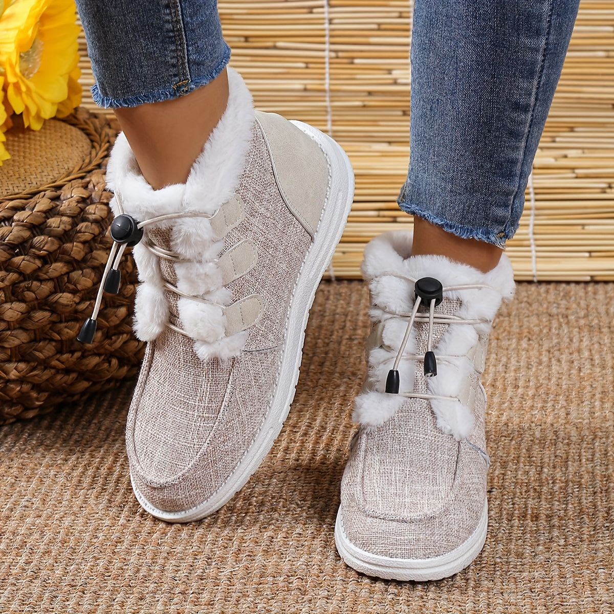 Women's Plush Lined Canvas Snow Boots - Warm, Water-Resistant, Drawstring Design, Perfect for Winter Outdoors.