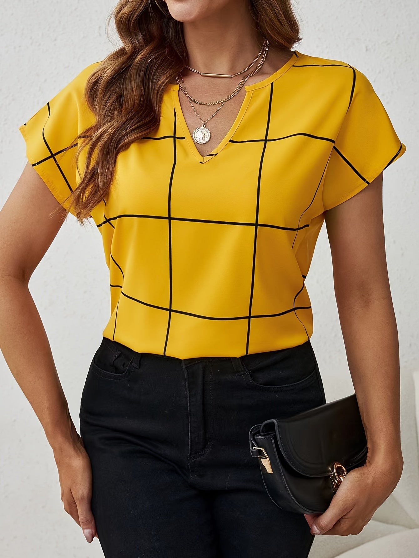 Plaid Print Notched Neck Blouse, Casual Short Sleeve Blouse For Spring & Summer, Women's Clothing