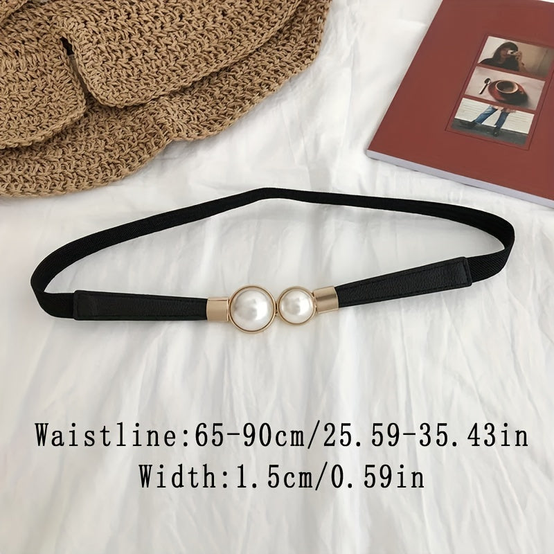 Faux Pearl Elastic Thin Belt, Women's Decoration For Dress, Fashion Simple Women's Buckle Thin Belt