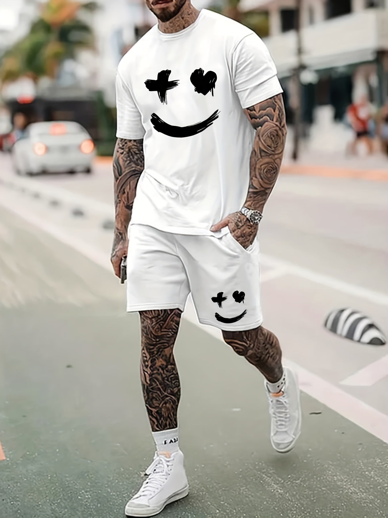 Big Smile Pattern 2Pcs Trendy Outfits for Men, Casual Crew Neck T-shirt & Drawstring Shorts Set for Summer Vacation Workout