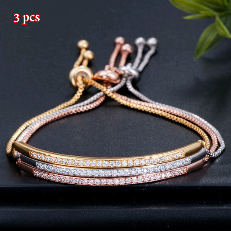 Elegant 3pcs Minimalist Women's Bracelet Set with Adjustable Silvery-Plated Cubic Zirconia - Perfect for Engagements, Weddings & Anniversaries