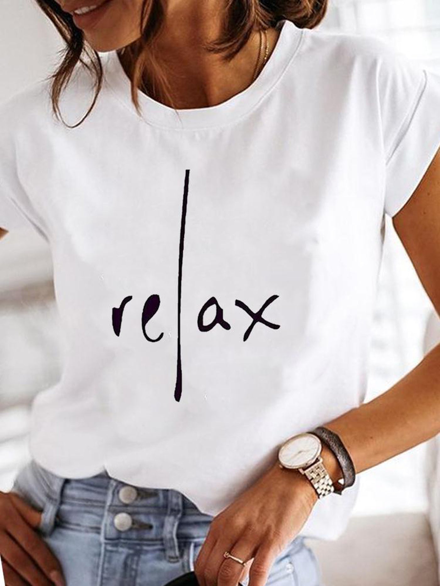 Relax Print Crew Neck T-Shirt, Casual Short Sleeve Top For Spring & Summer, Women's Clothing