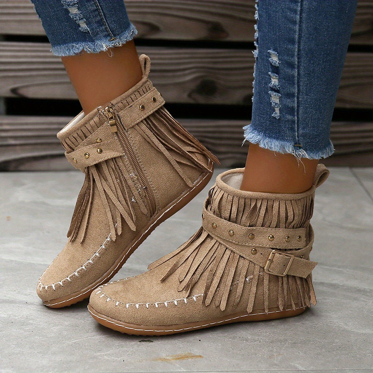 Trendy Women's Tassel Ankle Boots - Tassel Trim, Metal Beads, Smooth Side Zipper, Easy On/Off, Comfortable, High-Quality Detailing