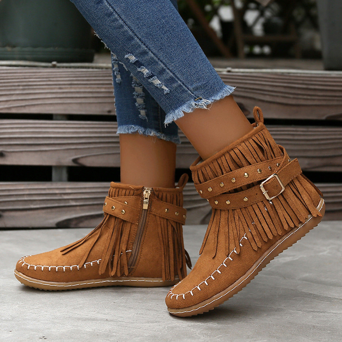 Trendy Women's Tassel Ankle Boots - Tassel Trim, Metal Beads, Smooth Side Zipper, Easy On/Off, Comfortable, High-Quality Detailing