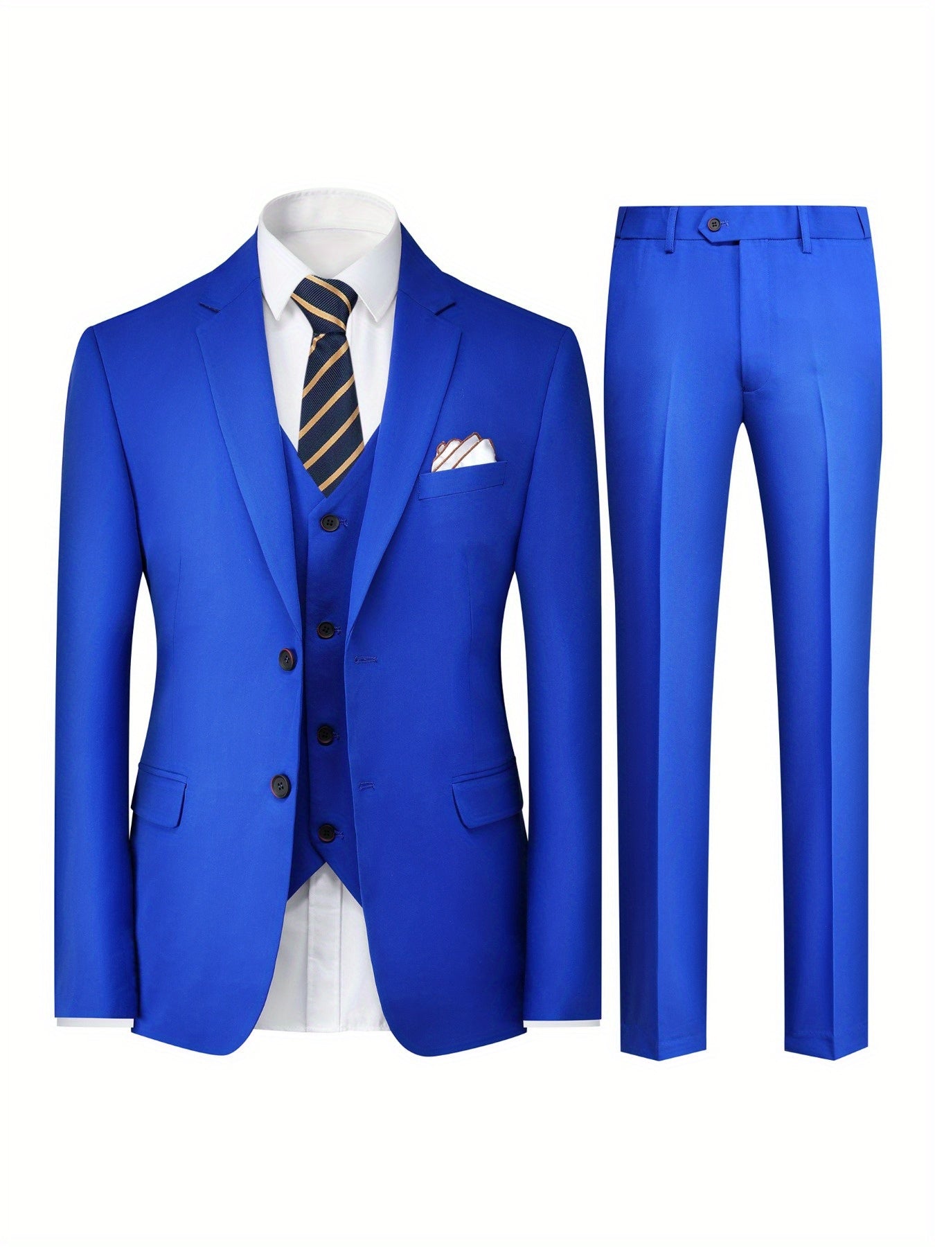 Men's Solid Color Two-Buckle Business Suit Three-piece Set, Suit Jacket + Vest + Pants