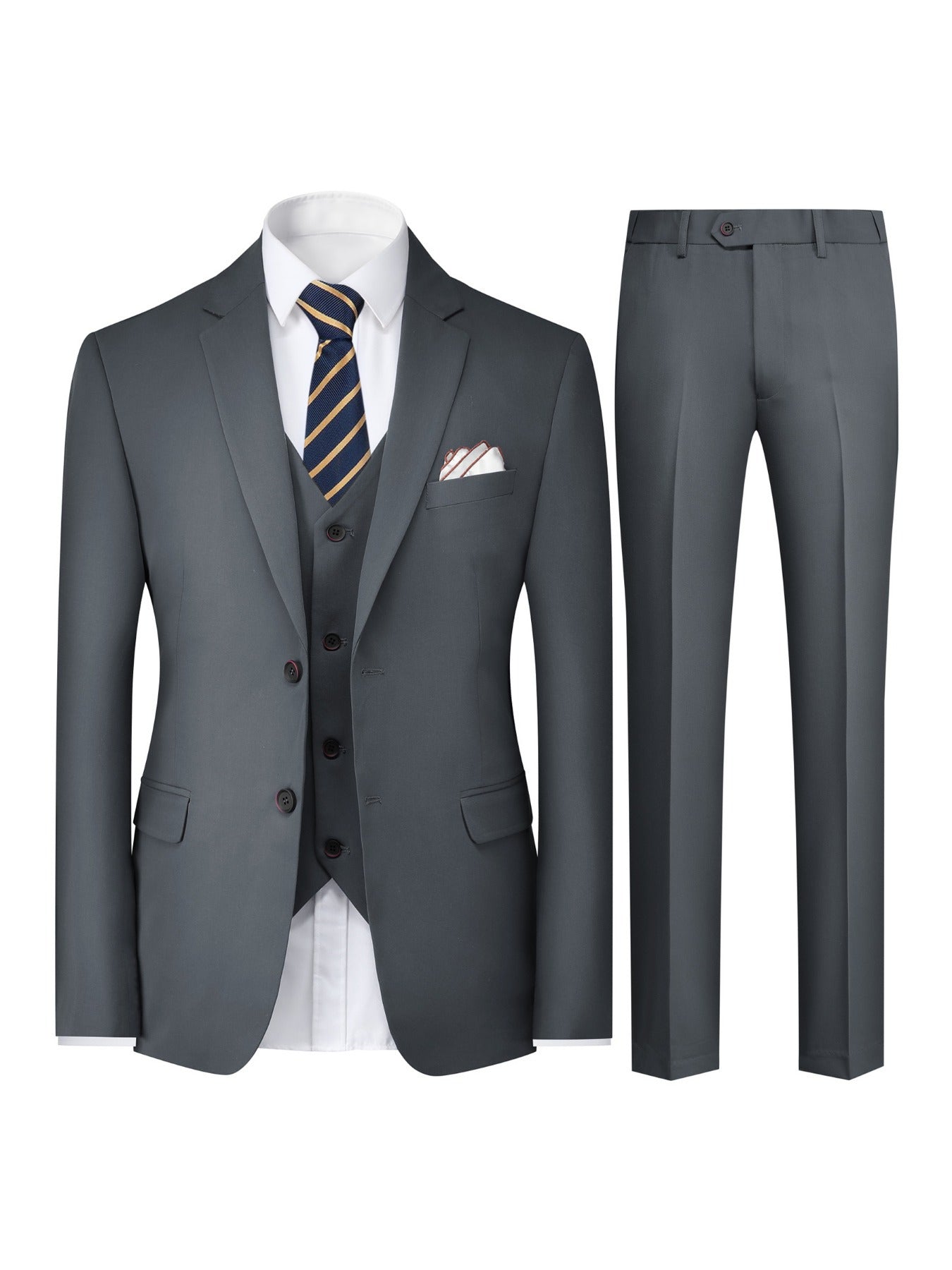 Men's Solid Color Two-Buckle Business Suit Three-piece Set, Suit Jacket + Vest + Pants