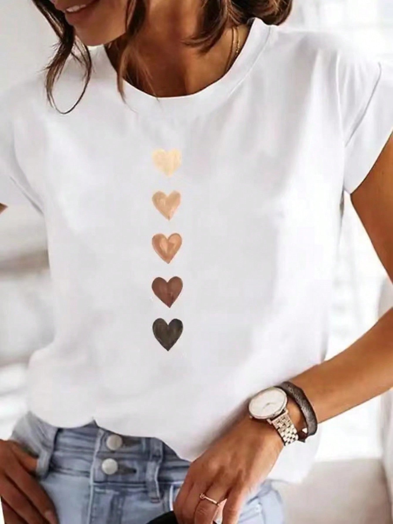 Heart Print Crew Neck T-Shirt, Casual Short Sleeve T-Shirt For Spring & Summer, Women's Clothing