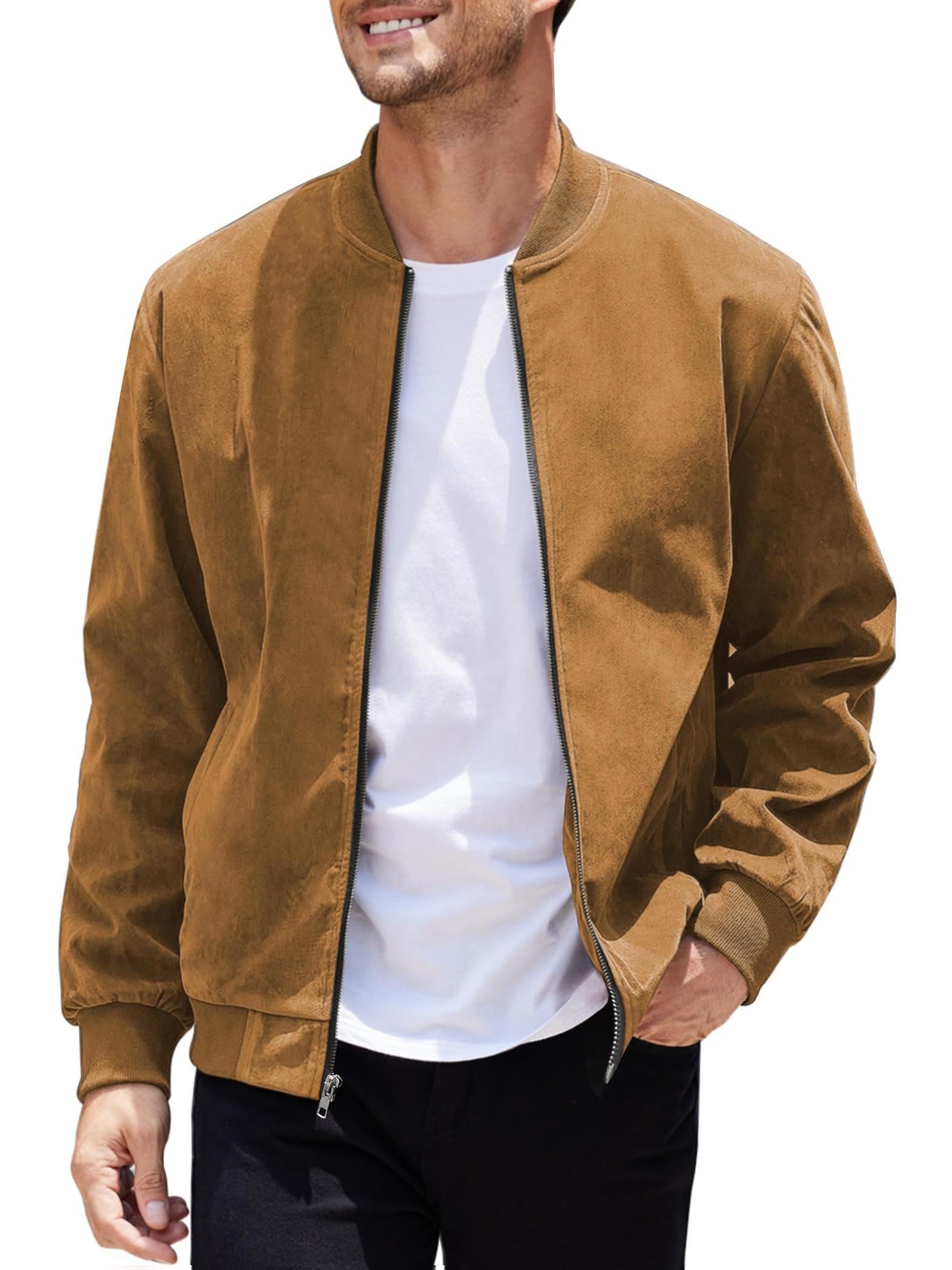 Men's Casual Varsity Jacket Vintage Lightweight Suede Bomber Jackets Zipper Up Jacket